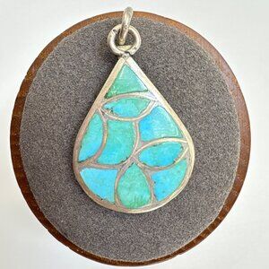 VTG Zuni Signed SKJ Sterling Silver 925 Turquoise Inlay Pendant Size 1.25"